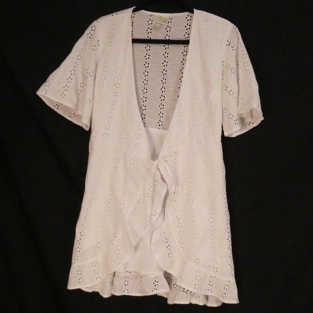 JAPNA | medium | White Eyelet Cover-Up Dress with Tie Front